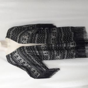 Highness Duster Cardigan Longline Paisley Print Blank White Fringes One Size